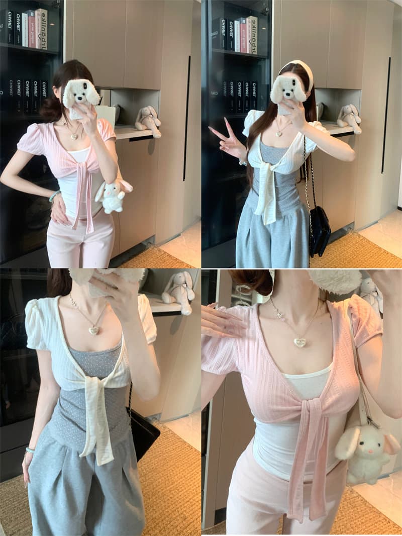 260 그램 1 1 인 면 페이크 레이어드 도트 무늬 V넥 반팔 여름 핫걸 스트랩 비틀림 긍정적 인 어깨 디자인 맨위 상세 이미지 7