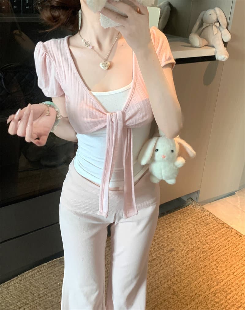 260 그램 1 1 인 면 페이크 레이어드 도트 무늬 V넥 반팔 여름 핫걸 스트랩 비틀림 긍정적 인 어깨 디자인 맨위 상세 이미지 10