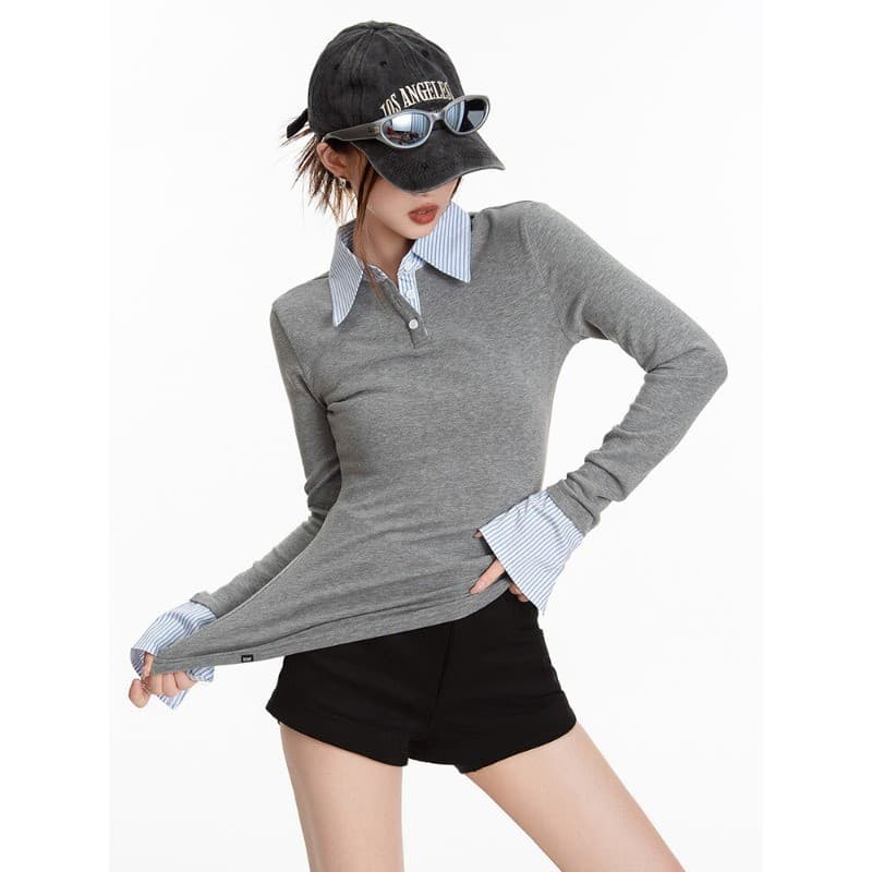아메리칸 페이크 레이어드 스트라이프 POLO 칼라 긍정적 인 어깨 긴팔 티셔츠 가을 핫걸 몸매 가꾸기 맨위