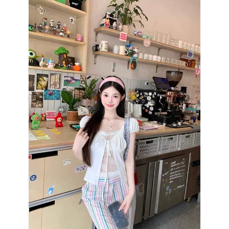 한 부서 페이크 레이어드 레이스 레이스 반팔 여성 여름 디자인 센스 레이스업 V넥 티셔츠 고유 한 품격 맨위 이미지 2