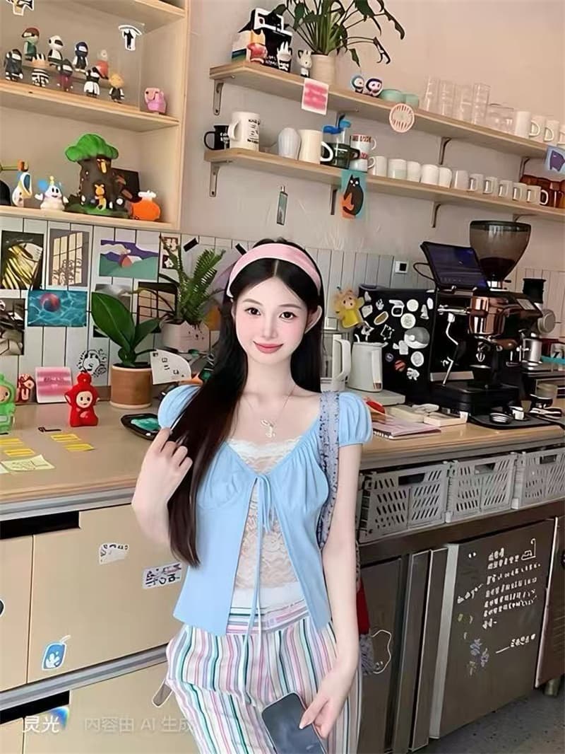 한 부서 페이크 레이어드 레이스 레이스 반팔 여성 여름 디자인 센스 레이스업 V넥 티셔츠 고유 한 품격 맨위 이미지 3