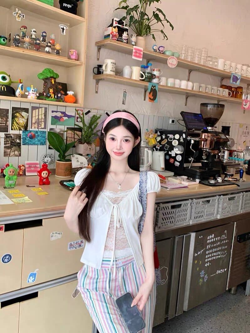한 부서 페이크 레이어드 레이스 레이스 반팔 여성 여름 디자인 센스 레이스업 V넥 티셔츠 고유 한 품격 맨위 상세 이미지 5