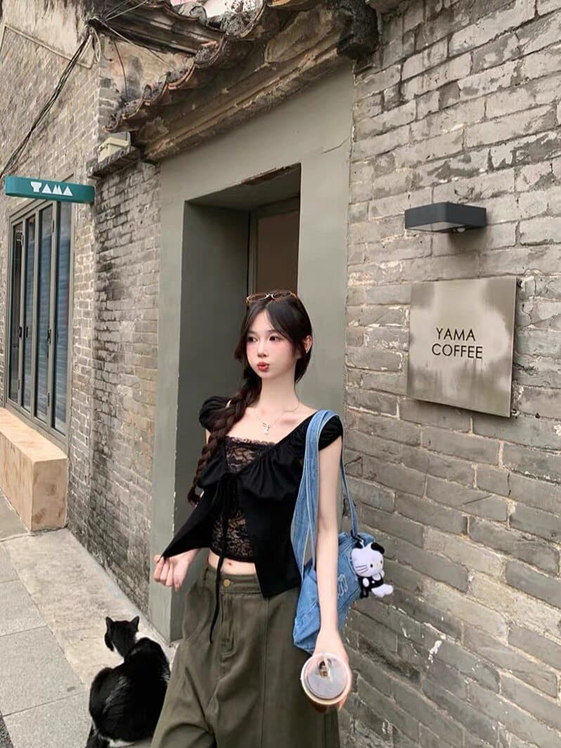 한 부서 페이크 레이어드 레이스 레이스 반팔 여성 여름 디자인 센스 레이스업 V넥 티셔츠 고유 한 품격 맨위 상세 이미지 9