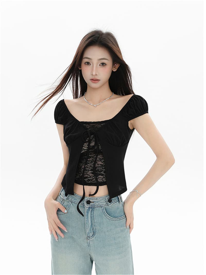 여름 순수한 욕망 검정색 레이스 조각 섹시함 작은 셔츠 여름 새로운 달콤한 핫걸 몸매 가꾸기 슬림해 보이는 맨위
