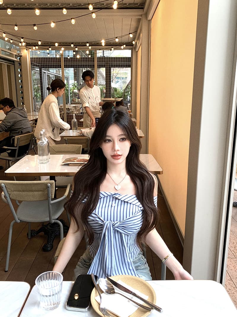 것 스트라이프 오프숄더 민소매 티셔츠 여름 새로운 순수한 욕망 바람 스트랩 쇼트 스타일 맨위 상세 이미지 10