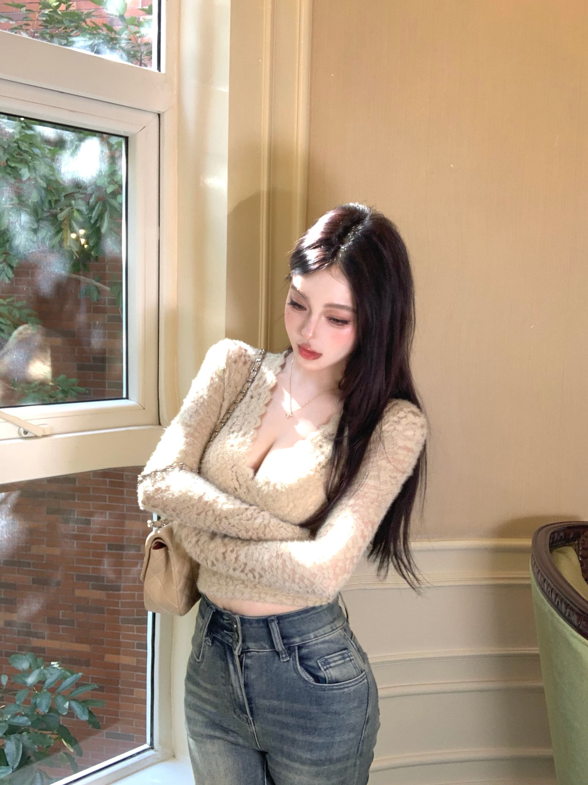 핫걸 V넥 레이스 셔츠 여성 가을 긴팔 만나는 인사이드 가져 가라. 섹시함 허리 수축 타이트 쇼트 스타일 품격 맨위 상세 이미지 24