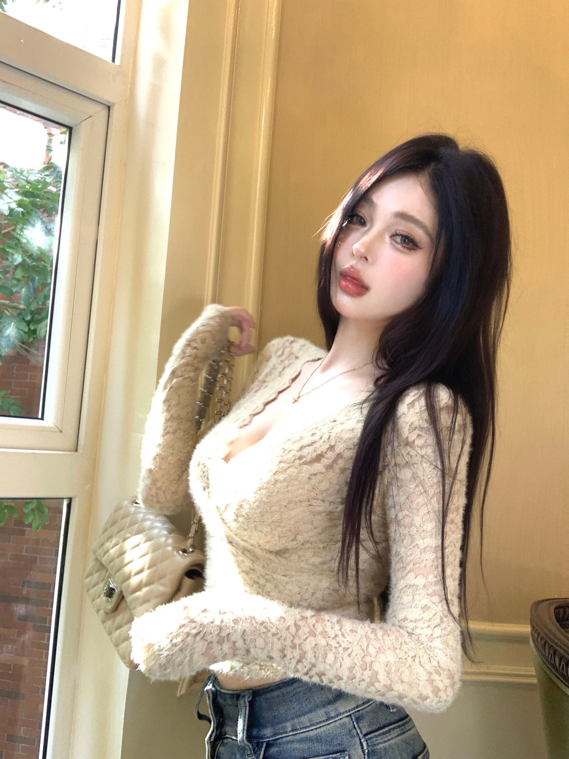 핫걸 V넥 레이스 셔츠 여성 가을 긴팔 만나는 인사이드 가져 가라. 섹시함 허리 수축 타이트 쇼트 스타일 품격 맨위 상세 이미지 25