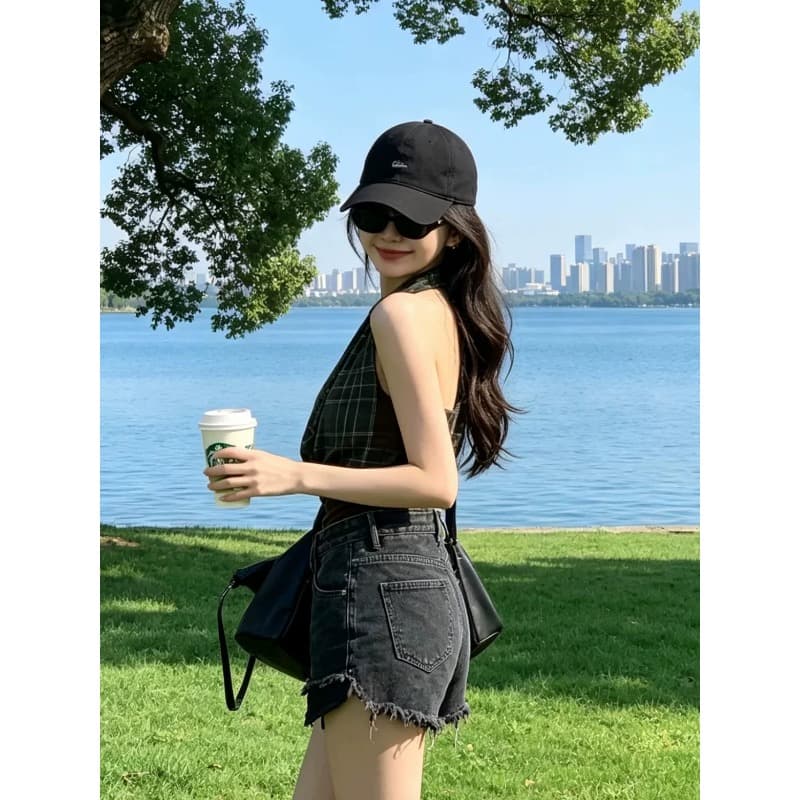 레트로 핫걸 바람 체크무늬 패치워크 행침 목 흔들다 칼라 조끼 여름 슬림해 보이는 민소매 슬립 쇼트 스타일 맨위 이미지 2
