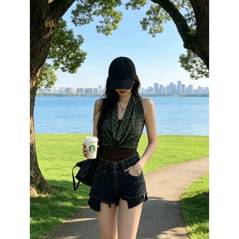 레트로 핫걸 바람 체크무늬 패치워크 행침 목 흔들다 칼라 조끼 여름 슬림해 보이는 민소매 슬립 쇼트 스타일 맨위