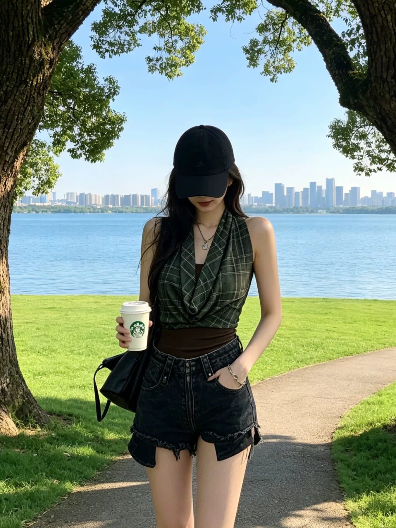 레트로 핫걸 바람 체크무늬 패치워크 행침 목 흔들다 칼라 조끼 여름 슬림해 보이는 민소매 슬립 쇼트 스타일 맨위 상세 이미지 4