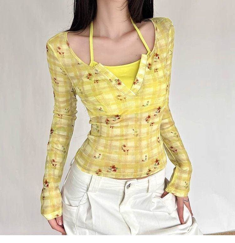 아메리칸 핫걸 꽃무늬 체크무늬 페이크 레이어드 얇은 스타일 긴팔 티셔츠 여성 이른 가을 핫걸 슬림해 보이는 쇼트 스타일 맨위 상세 이미지 4