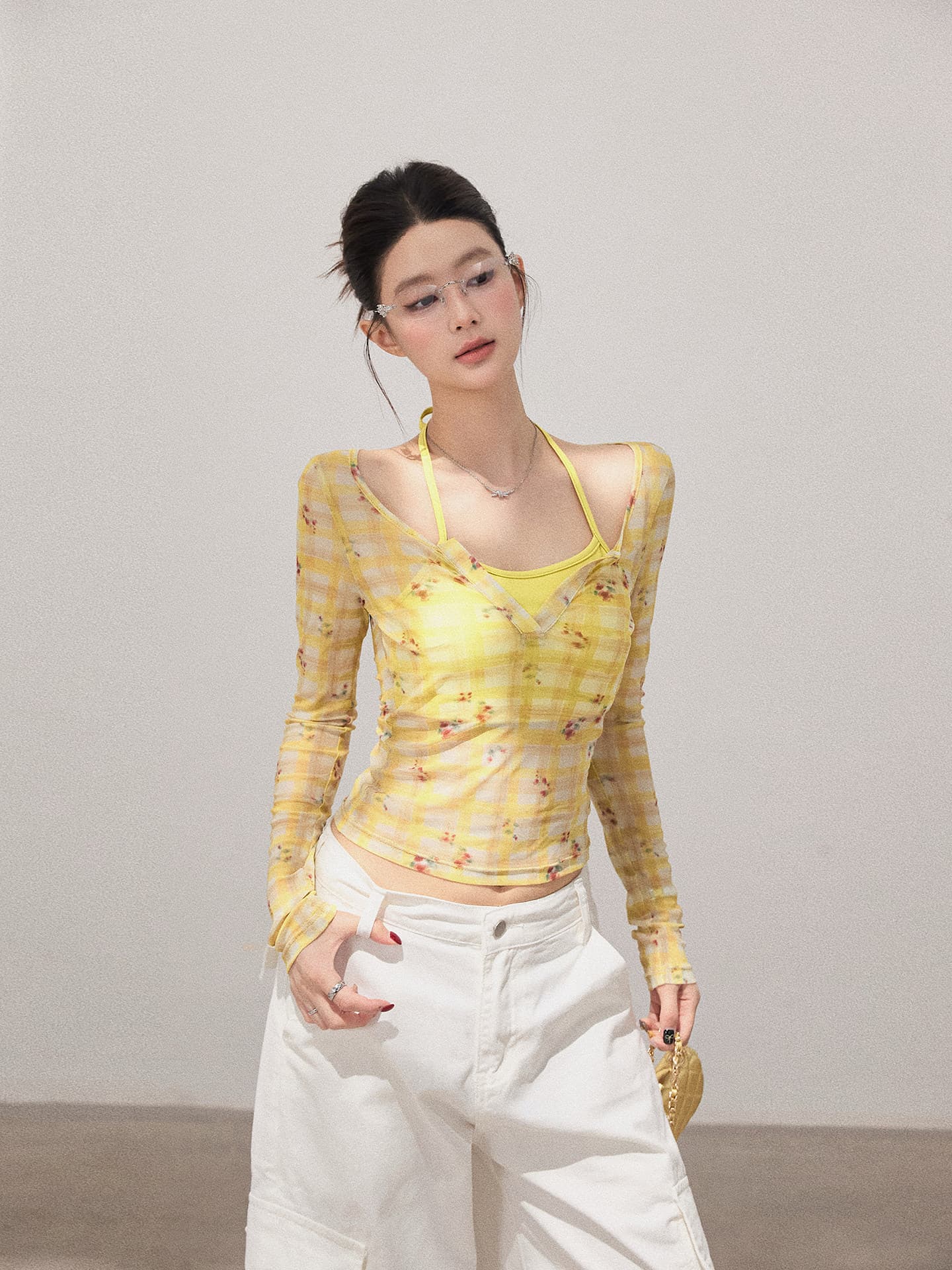 꽃무늬 체크무늬 페이크 레이어드 얇은 스타일 긴팔 티셔츠 여성 이른 가을 달콤한 자매 품격 패션 한국 스타일 몸매 가꾸기 맨위 상세 이미지 3
