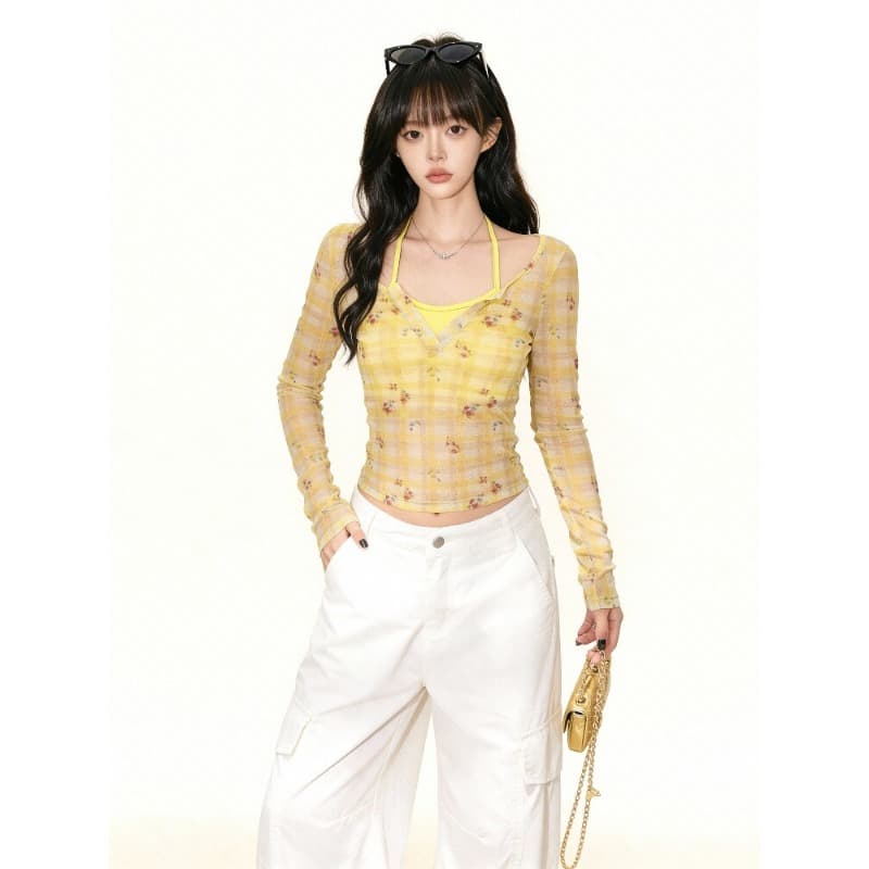황색 꽃무늬 체크무늬 긴팔 티셔츠 여성 가을 겨울 고급 센스 페이크 레이어드 패치워크 몸매 가꾸기 기본 셔츠 맨위