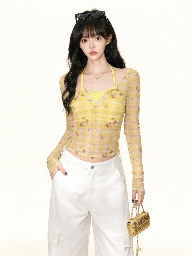 황색 꽃무늬 체크무늬 긴팔 티셔츠 여성 가을 겨울 고급 센스 페이크 레이어드 패치워크 몸매 가꾸기 기본 셔츠 맨위 상세 이미지 2