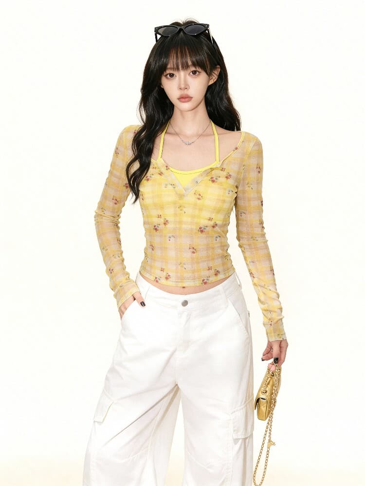 황색 꽃무늬 체크무늬 긴팔 티셔츠 여성 가을 겨울 고급 센스 페이크 레이어드 패치워크 몸매 가꾸기 기본 셔츠 맨위 상세 이미지 3