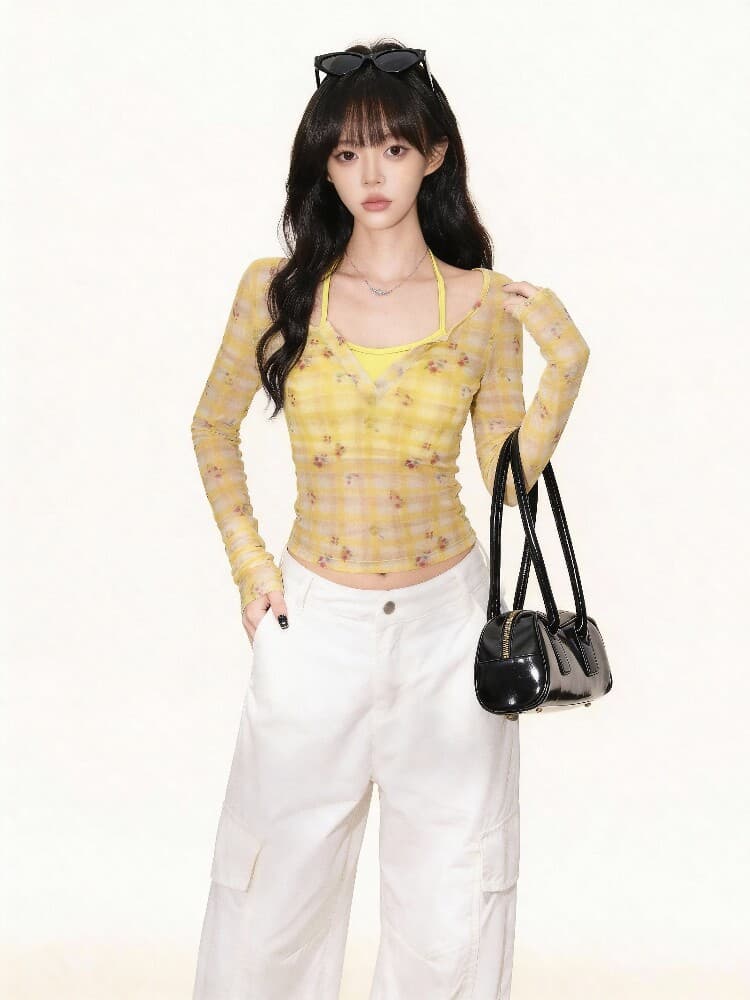 황색 꽃무늬 체크무늬 긴팔 티셔츠 여성 가을 겨울 고급 센스 페이크 레이어드 패치워크 몸매 가꾸기 기본 셔츠 맨위 상세 이미지 5