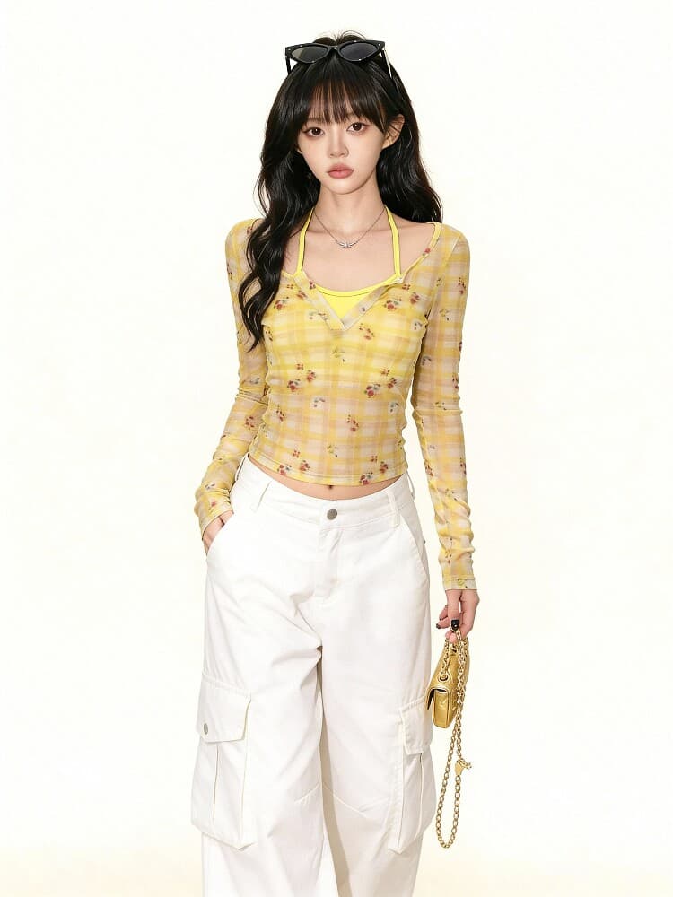 황색 꽃무늬 체크무늬 긴팔 티셔츠 여성 가을 겨울 고급 센스 페이크 레이어드 패치워크 몸매 가꾸기 기본 셔츠 맨위 상세 이미지 6
