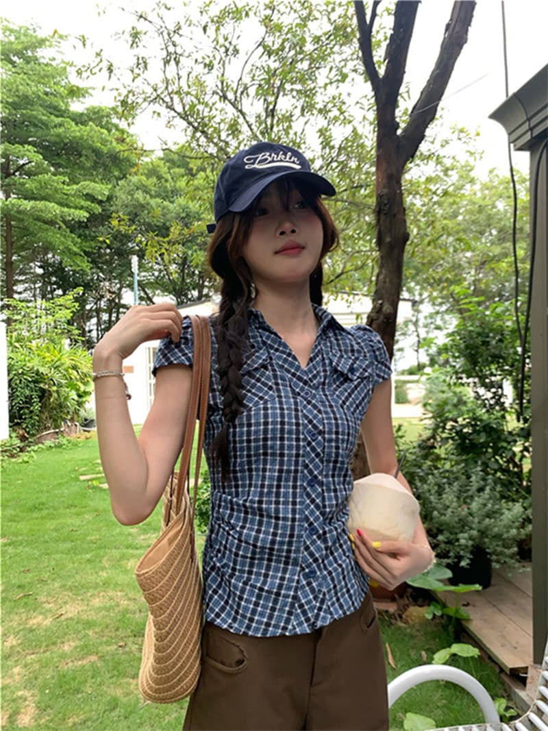 원본 원단 한 부서 레트로 배색 체크무늬 반팔 셔츠 여름 몸매 가꾸기 슬림해 보이는 다용도 맨위 이미지 4