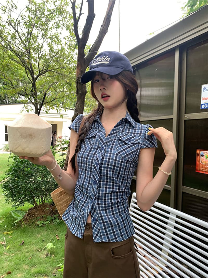 원본 원단 한 부서 레트로 배색 체크무늬 반팔 셔츠 여름 몸매 가꾸기 슬림해 보이는 다용도 맨위 상세 이미지 3