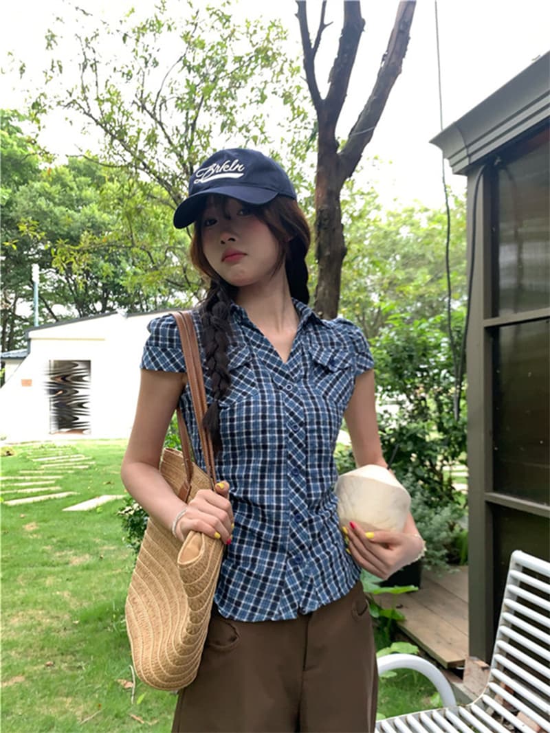 원본 원단 한 부서 레트로 배색 체크무늬 반팔 셔츠 여름 몸매 가꾸기 슬림해 보이는 다용도 맨위 상세 이미지 4