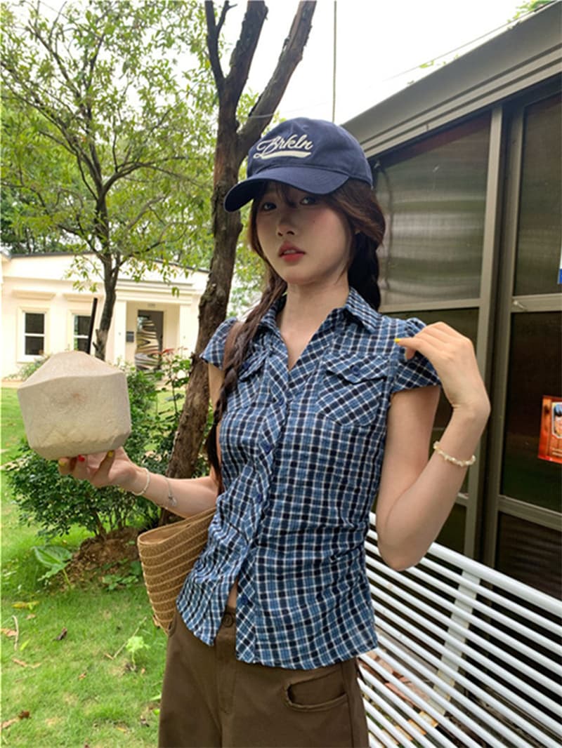 원본 원단 한 부서 레트로 배색 체크무늬 반팔 셔츠 여름 몸매 가꾸기 슬림해 보이는 다용도 맨위 상세 이미지 7