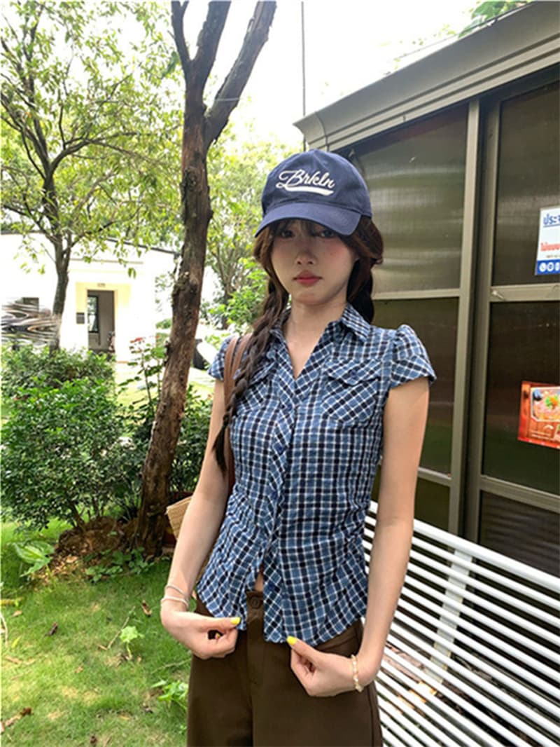 원본 원단 한 부서 레트로 배색 체크무늬 반팔 셔츠 여름 몸매 가꾸기 슬림해 보이는 다용도 맨위 상세 이미지 12