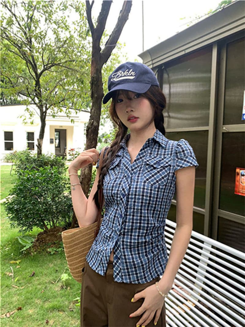 원본 원단 한 부서 레트로 배색 체크무늬 반팔 셔츠 여름 몸매 가꾸기 슬림해 보이는 다용도 맨위 상세 이미지 16