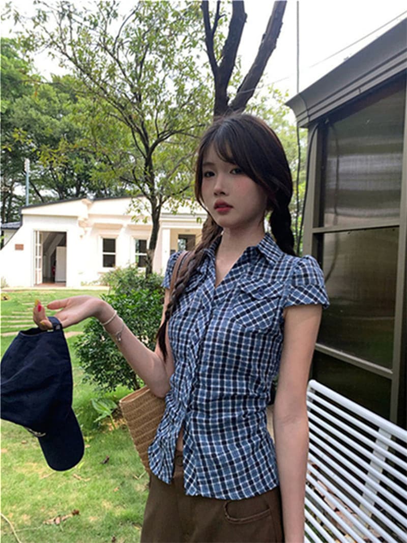 원본 원단 한 부서 레트로 배색 체크무늬 반팔 셔츠 여름 몸매 가꾸기 슬림해 보이는 다용도 맨위 상세 이미지 18