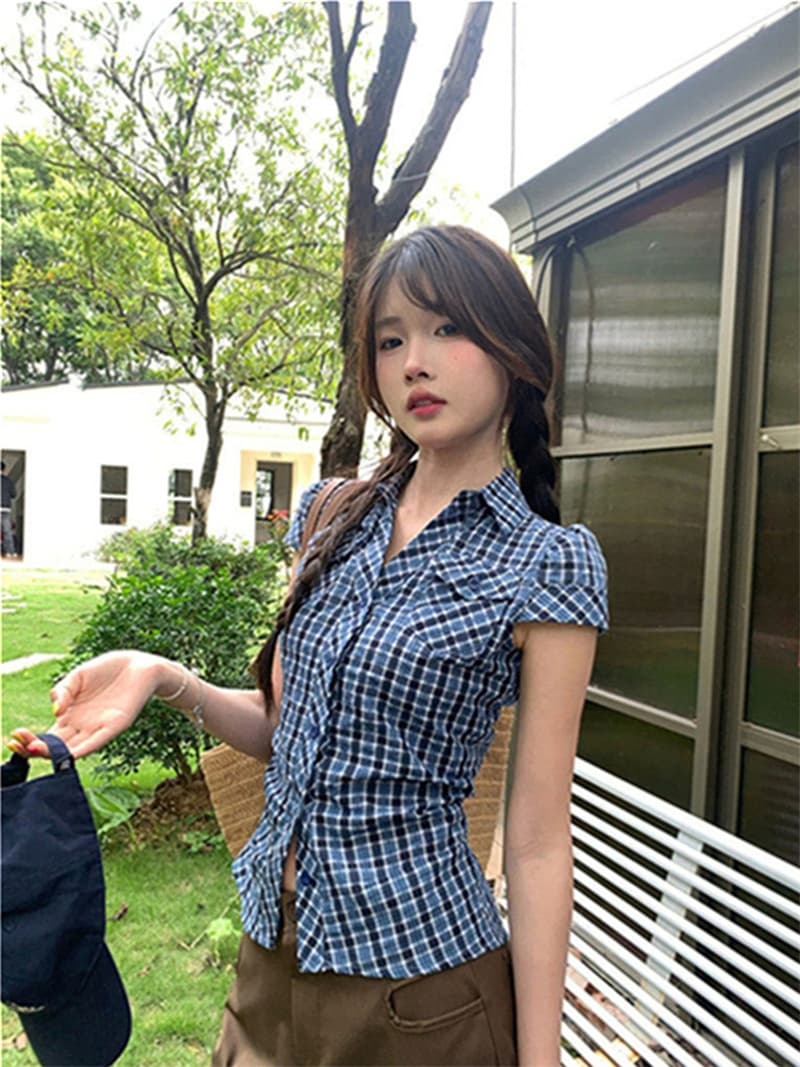 원본 원단 한 부서 레트로 배색 체크무늬 반팔 셔츠 여름 몸매 가꾸기 슬림해 보이는 다용도 맨위 상세 이미지 19