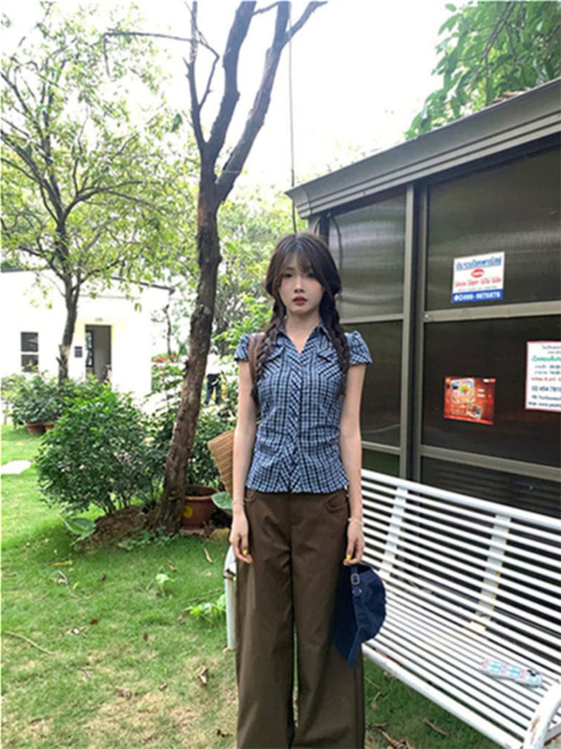 원본 원단 한 부서 레트로 배색 체크무늬 반팔 셔츠 여름 몸매 가꾸기 슬림해 보이는 다용도 맨위 상세 이미지 20