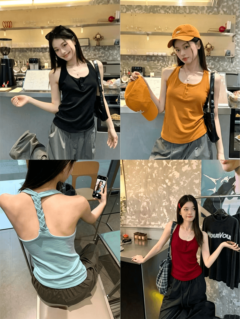 원본 사람들 면 260 그램 파란색 캐미솔 외출용 백리스 핫걸 민소매 행침 목 맨위