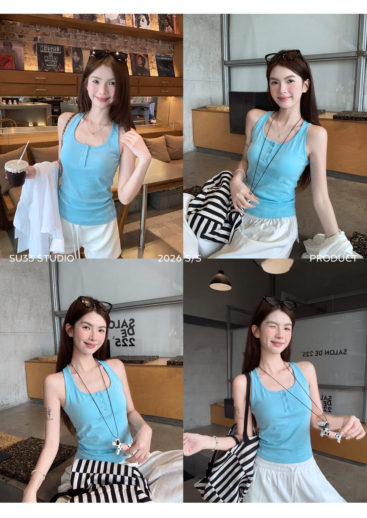 사람들 면 260 그램 파란색 행침 목 맨위 캐미솔 외출용 디자인 센스 핫걸 착용 상세 이미지 4