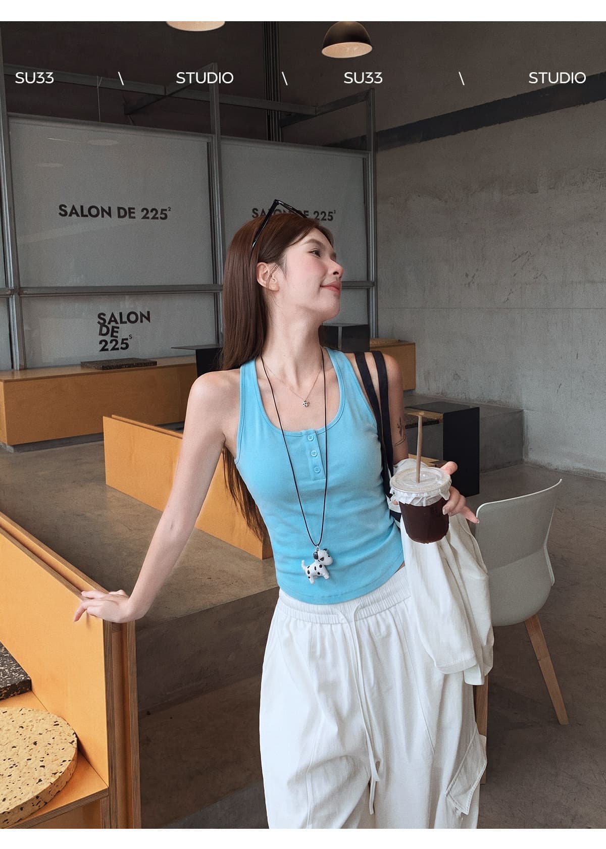 사람들 면 260 그램 파란색 행침 목 맨위 캐미솔 외출용 디자인 센스 핫걸 착용 상세 이미지 11