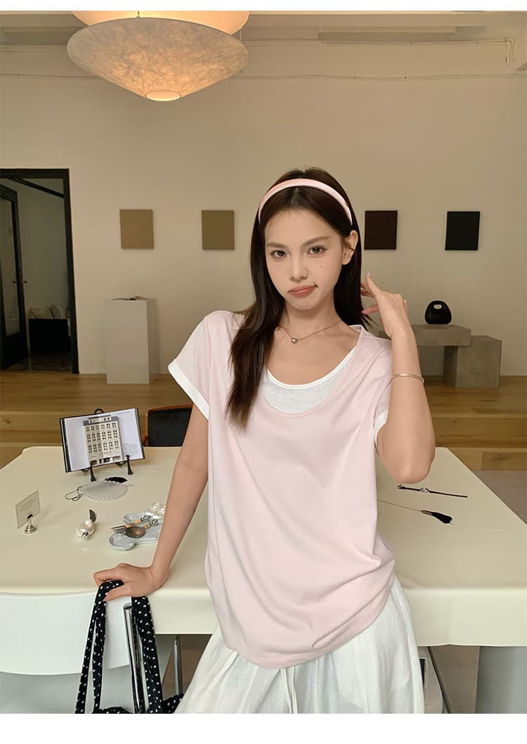 원본 눈꽃 면 화이트 페이크 레이어드 긍정적 인 어깨 반팔 티셔츠 여름 한 부서 느긋한 센스 맨위 상세 이미지 2