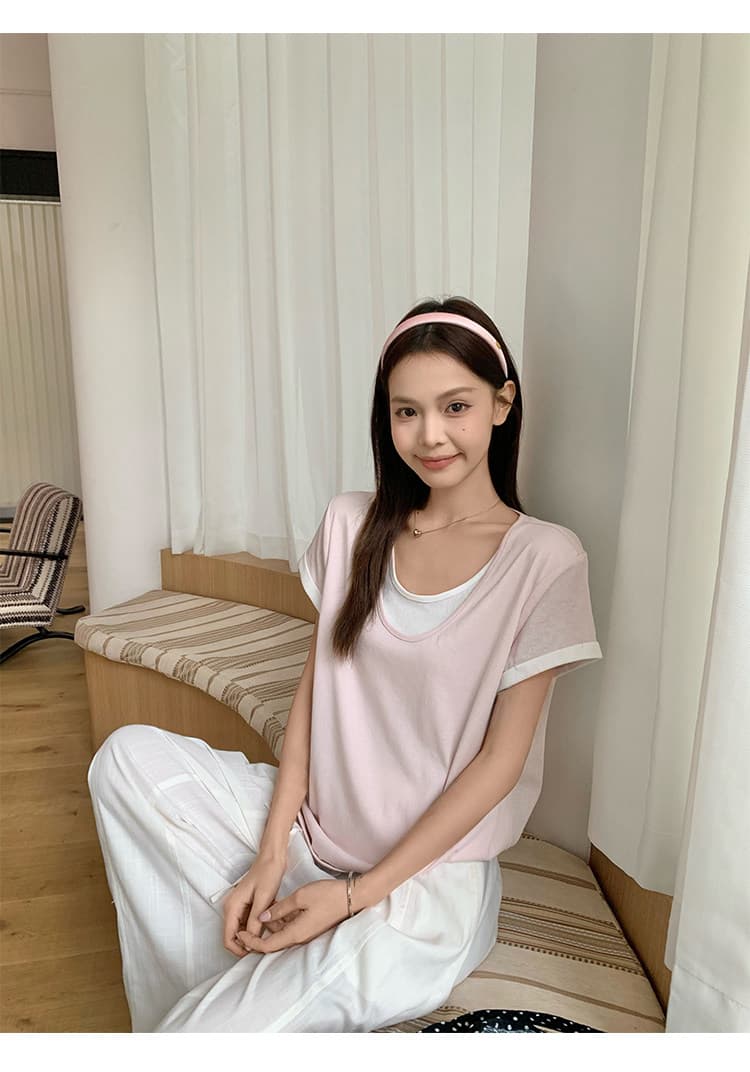 원본 눈꽃 면 화이트 페이크 레이어드 긍정적 인 어깨 반팔 티셔츠 여름 한 부서 느긋한 센스 맨위 상세 이미지 3