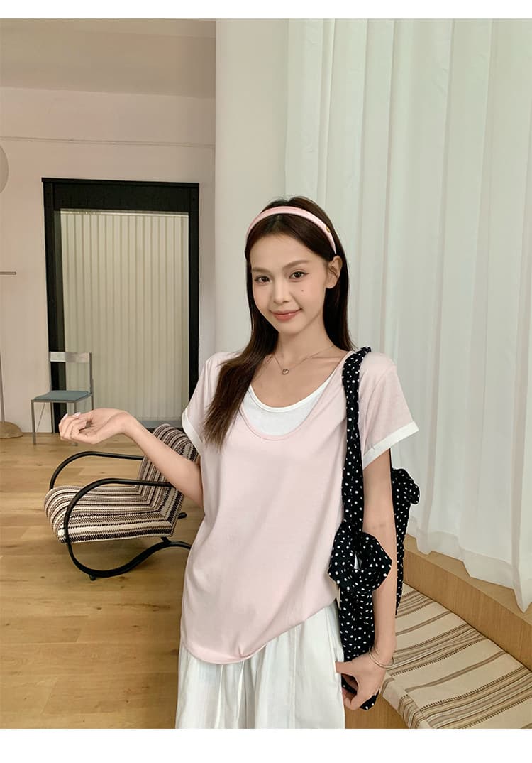 원본 눈꽃 면 화이트 페이크 레이어드 긍정적 인 어깨 반팔 티셔츠 여름 한 부서 느긋한 센스 맨위 상세 이미지 9