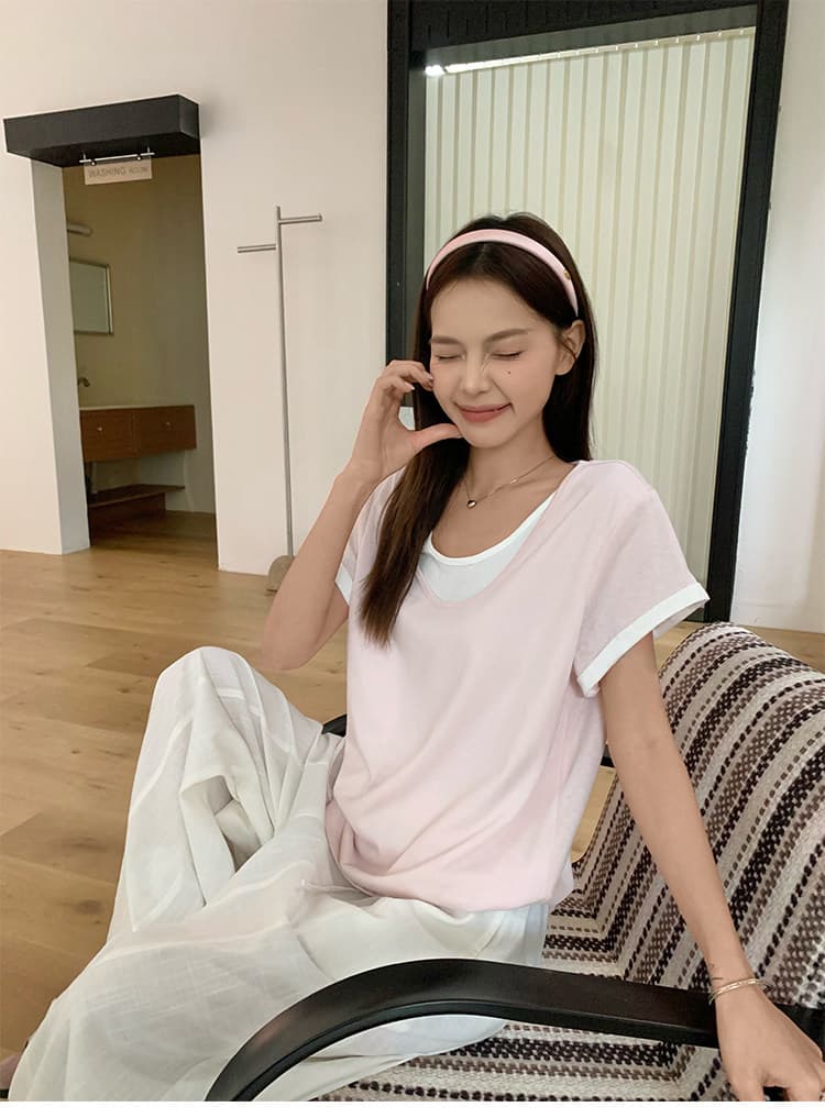 원본 눈꽃 면 화이트 페이크 레이어드 긍정적 인 어깨 반팔 티셔츠 여름 한 부서 느긋한 센스 맨위 상세 이미지 12
