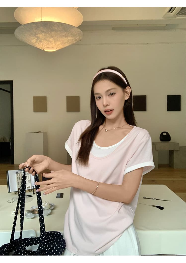 원본 눈꽃 면 화이트 페이크 레이어드 긍정적 인 어깨 반팔 티셔츠 여름 한 부서 느긋한 센스 맨위 상세 이미지 15