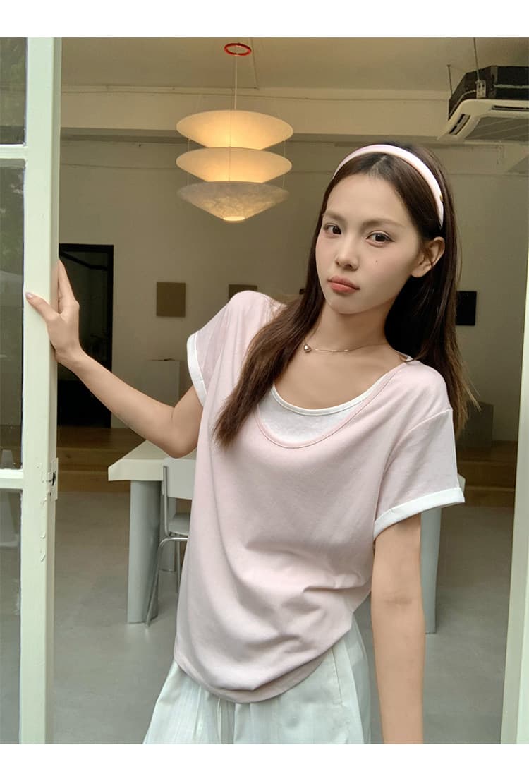 원본 눈꽃 면 화이트 페이크 레이어드 긍정적 인 어깨 반팔 티셔츠 여름 한 부서 느긋한 센스 맨위 상세 이미지 18