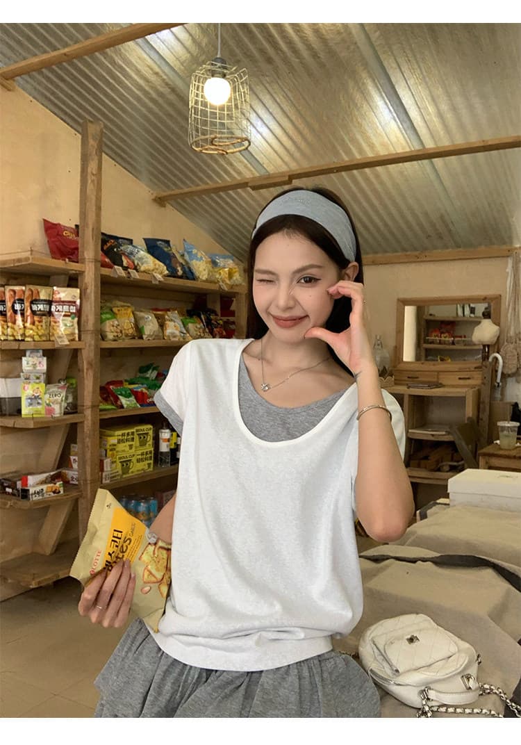 원본 눈꽃 면 화이트 페이크 레이어드 긍정적 인 어깨 반팔 티셔츠 여름 한 부서 느긋한 센스 맨위 상세 이미지 22