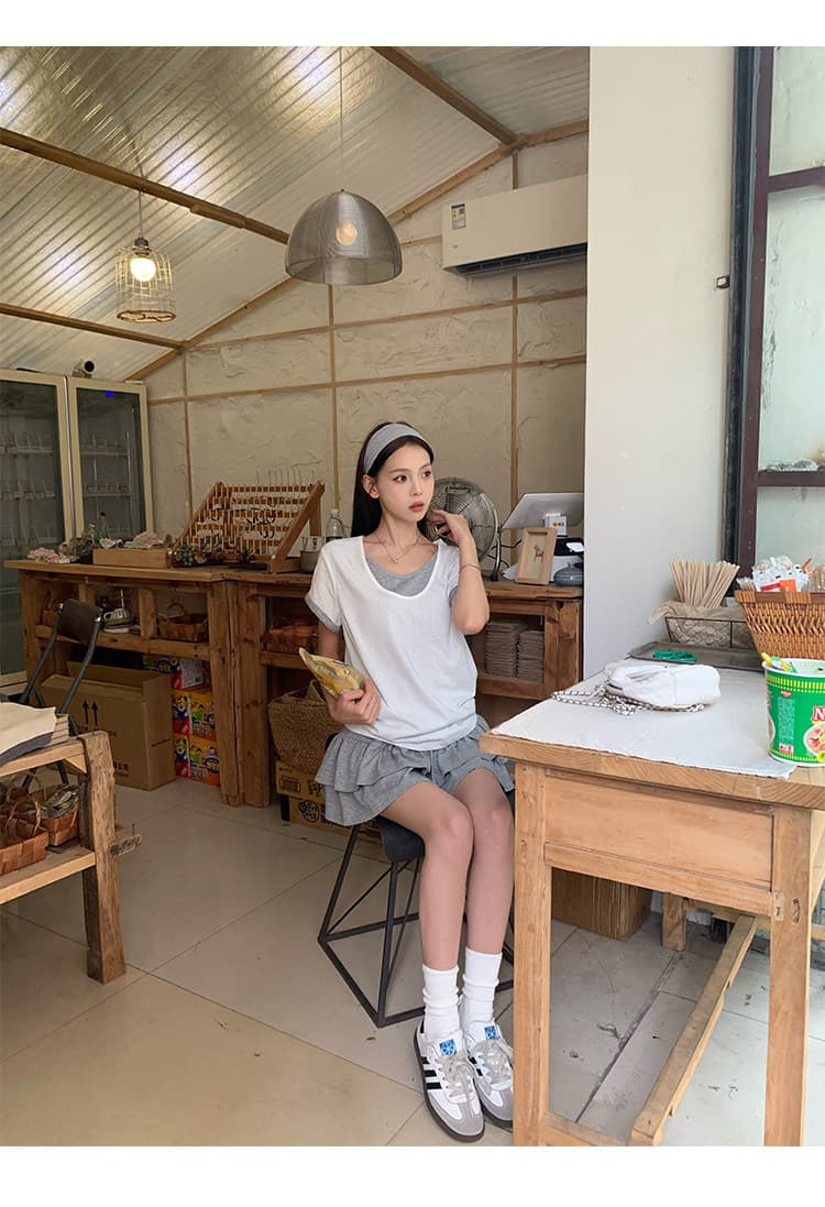 원본 눈꽃 면 화이트 페이크 레이어드 긍정적 인 어깨 반팔 티셔츠 여름 한 부서 느긋한 센스 맨위 상세 이미지 27
