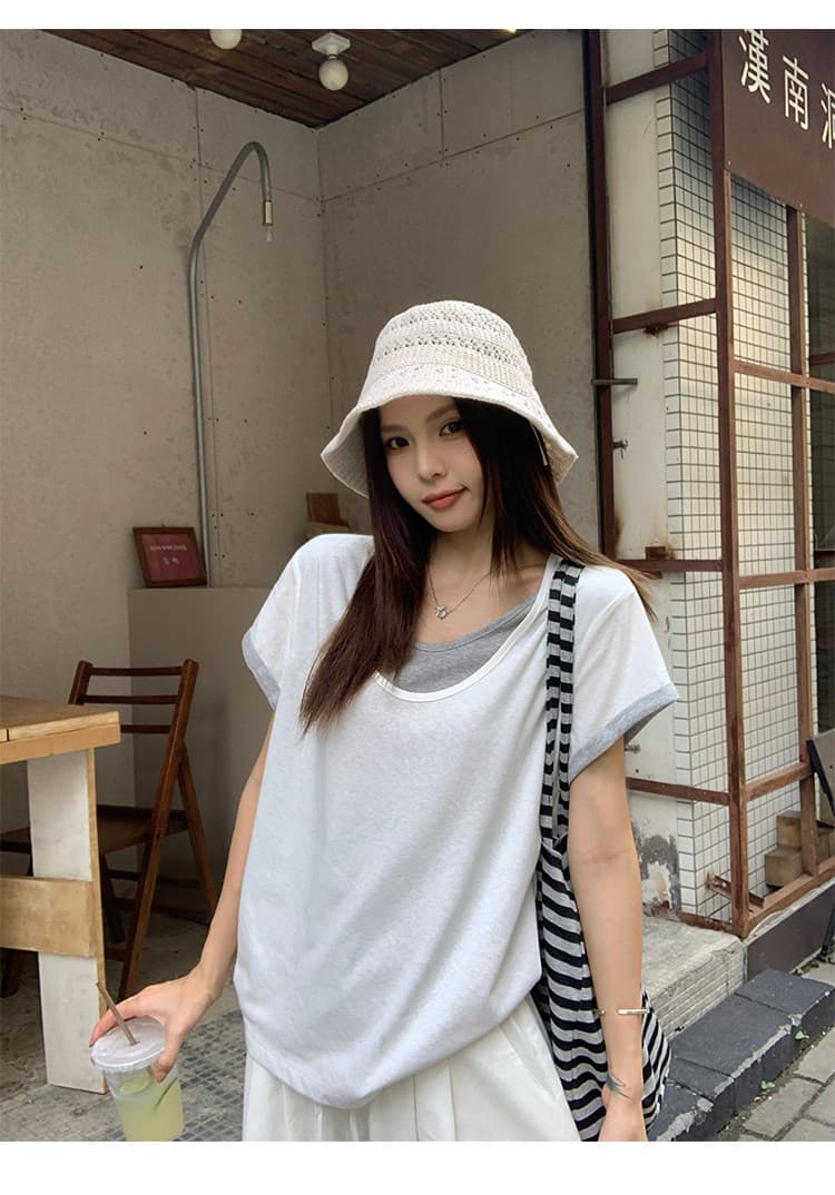 원본 눈꽃 면 화이트 페이크 레이어드 긍정적 인 어깨 반팔 티셔츠 여름 한 부서 느긋한 센스 맨위 상세 이미지 28