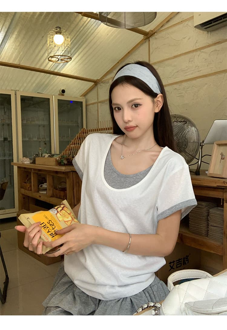 원본 눈꽃 면 화이트 페이크 레이어드 긍정적 인 어깨 반팔 티셔츠 여름 한 부서 느긋한 센스 맨위 상세 이미지 30