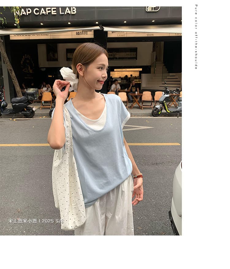 원본 눈꽃 면 화이트 페이크 레이어드 긍정적 인 어깨 반팔 티셔츠 여름 한 부서 느긋한 센스 맨위 상세 이미지 37