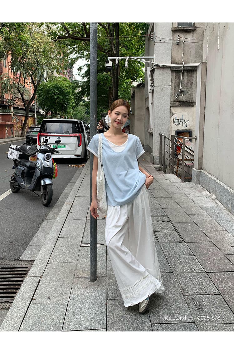 원본 눈꽃 면 화이트 페이크 레이어드 긍정적 인 어깨 반팔 티셔츠 여름 한 부서 느긋한 센스 맨위 상세 이미지 40