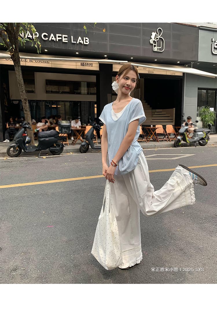 원본 눈꽃 면 화이트 페이크 레이어드 긍정적 인 어깨 반팔 티셔츠 여름 한 부서 느긋한 센스 맨위 상세 이미지 45