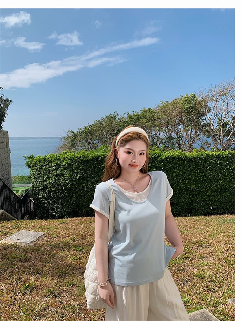 눈꽃 면 배색 페이크 레이어드 반팔 티셔츠 여름 캐주얼 루즈핏 다용도 긍정적 인 어깨 의류 상세 이미지 2