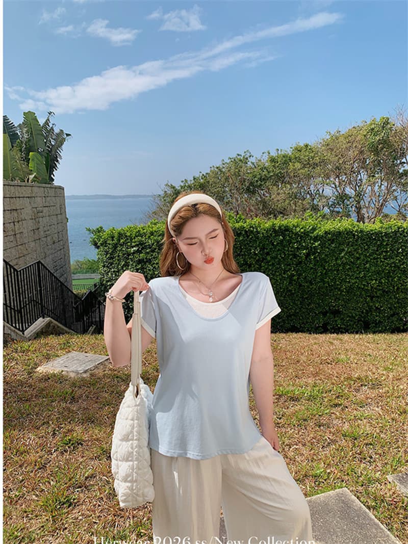 눈꽃 면 배색 페이크 레이어드 반팔 티셔츠 여름 캐주얼 루즈핏 다용도 긍정적 인 어깨 의류 상세 이미지 3
