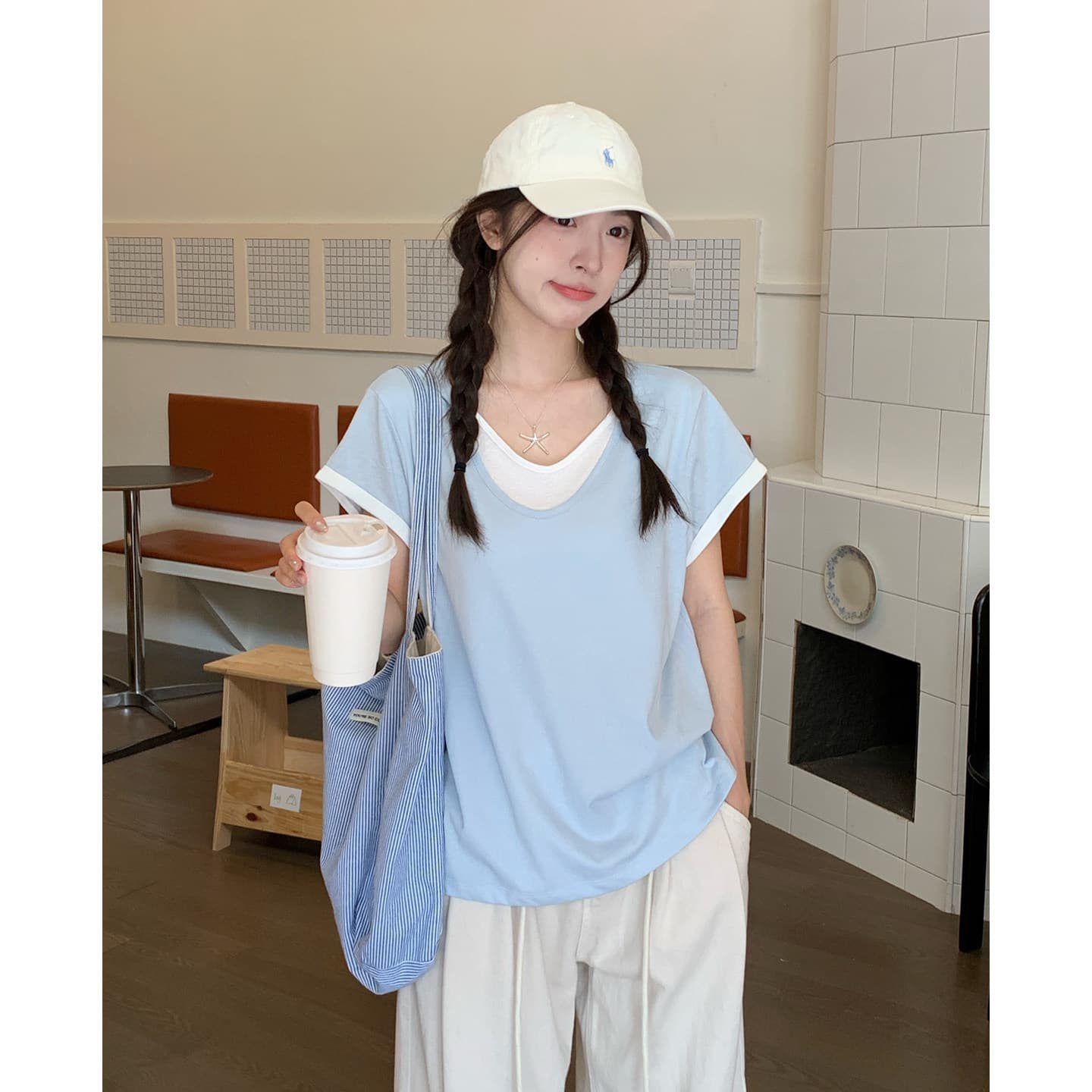 눈꽃 면 페이크 레이어드 V넥 반팔 티셔츠 여성 의류 한 부서 루즈핏 디자인 센스 작은 맨위