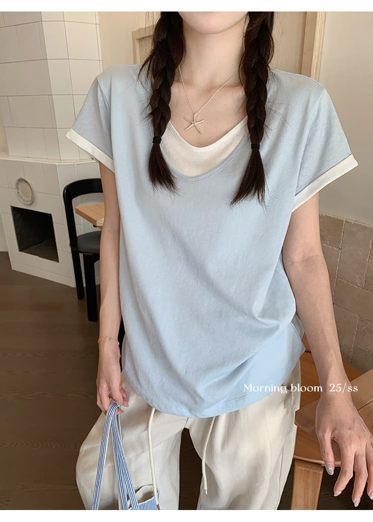 눈꽃 면 페이크 레이어드 V넥 반팔 티셔츠 여성 의류 한 부서 루즈핏 디자인 센스 작은 맨위 상세 이미지 3